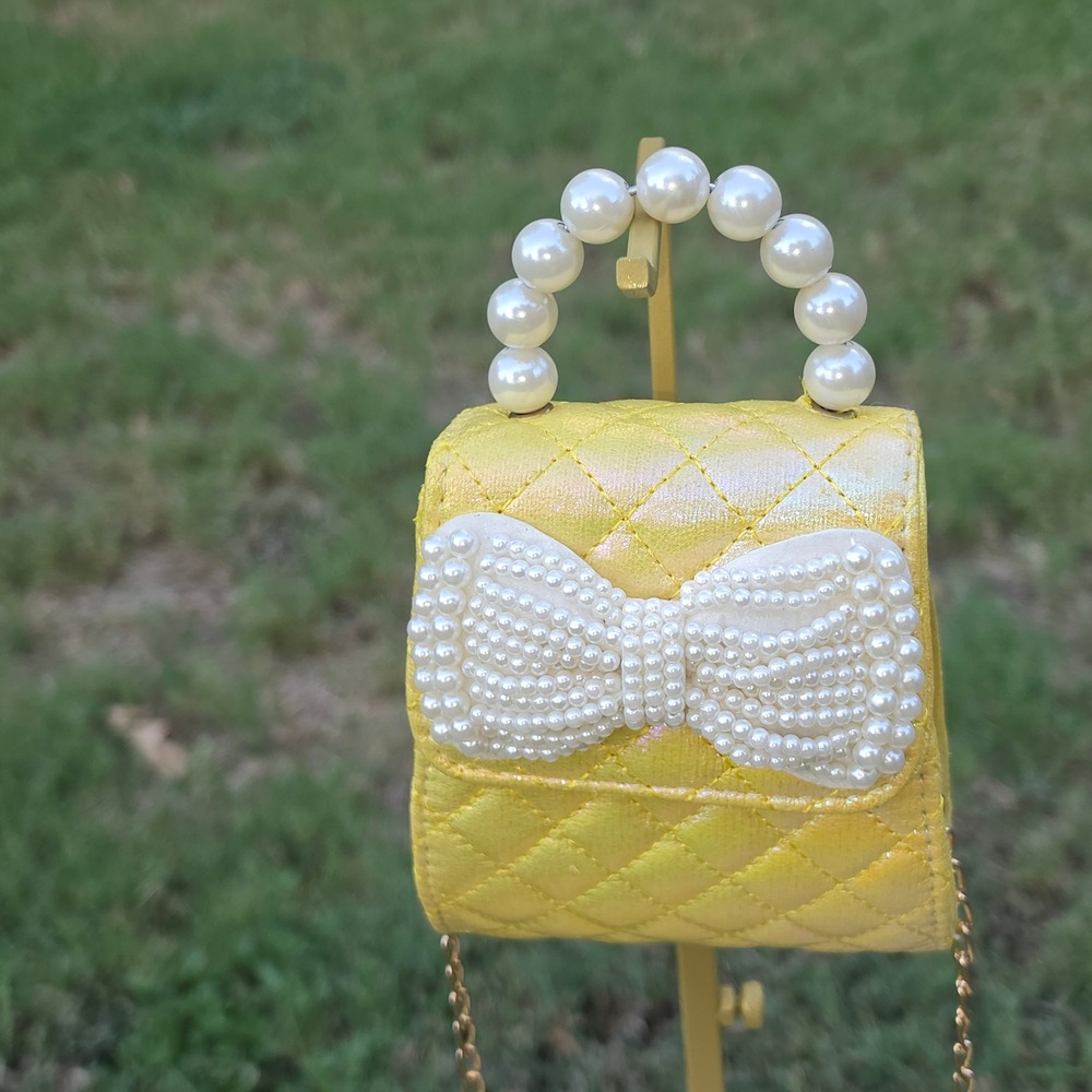 Yellow Iridescent Quilted Mini Crossbody Bag Pearl Bow Handle Gold Chain Strap